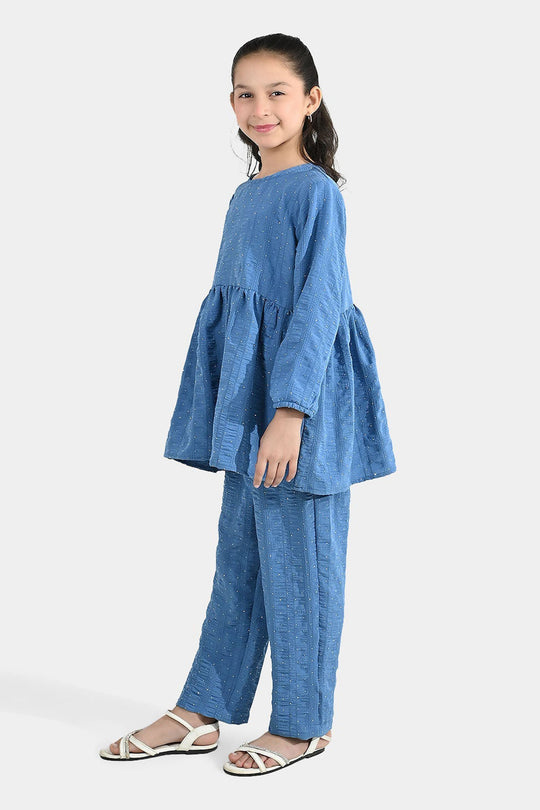 Girls Poly Lawn Co-Ord Set (Stars) - Blue