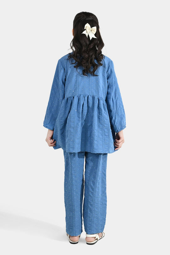 Girls Poly Lawn Co-Ord Set (Stars) - Blue