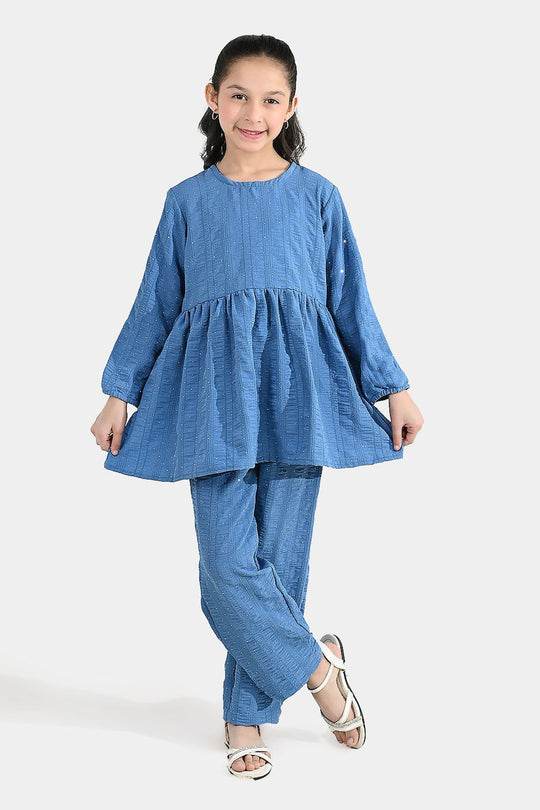 Girls Poly Lawn Co-Ord Set (Stars) - Blue