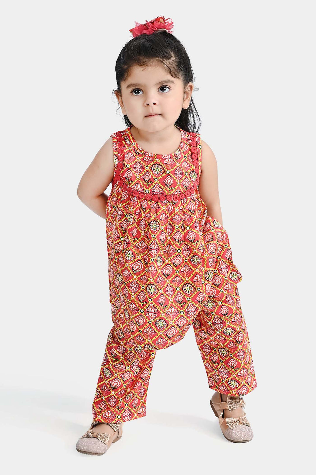 Infant Girls Cotton Poplin Printed 2 Pcs Surkh Phool-Multi