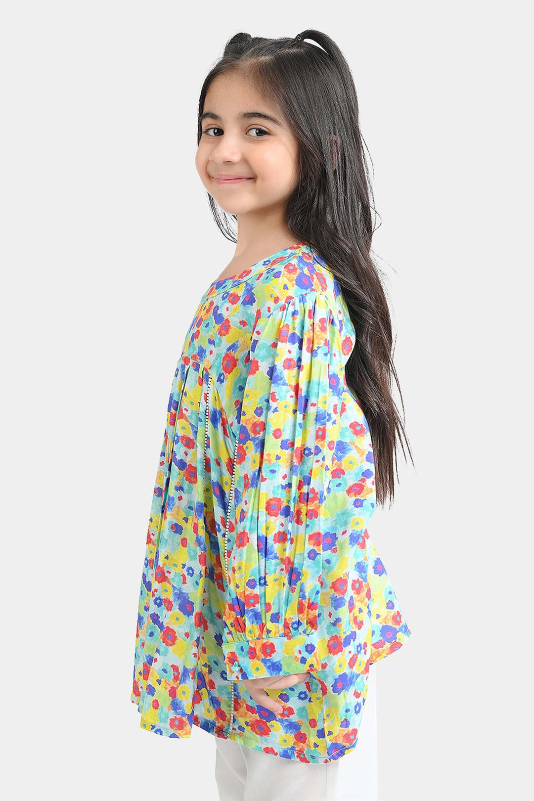 Girls Cotton Viscose Casual Top Color Full Pleated-Multi