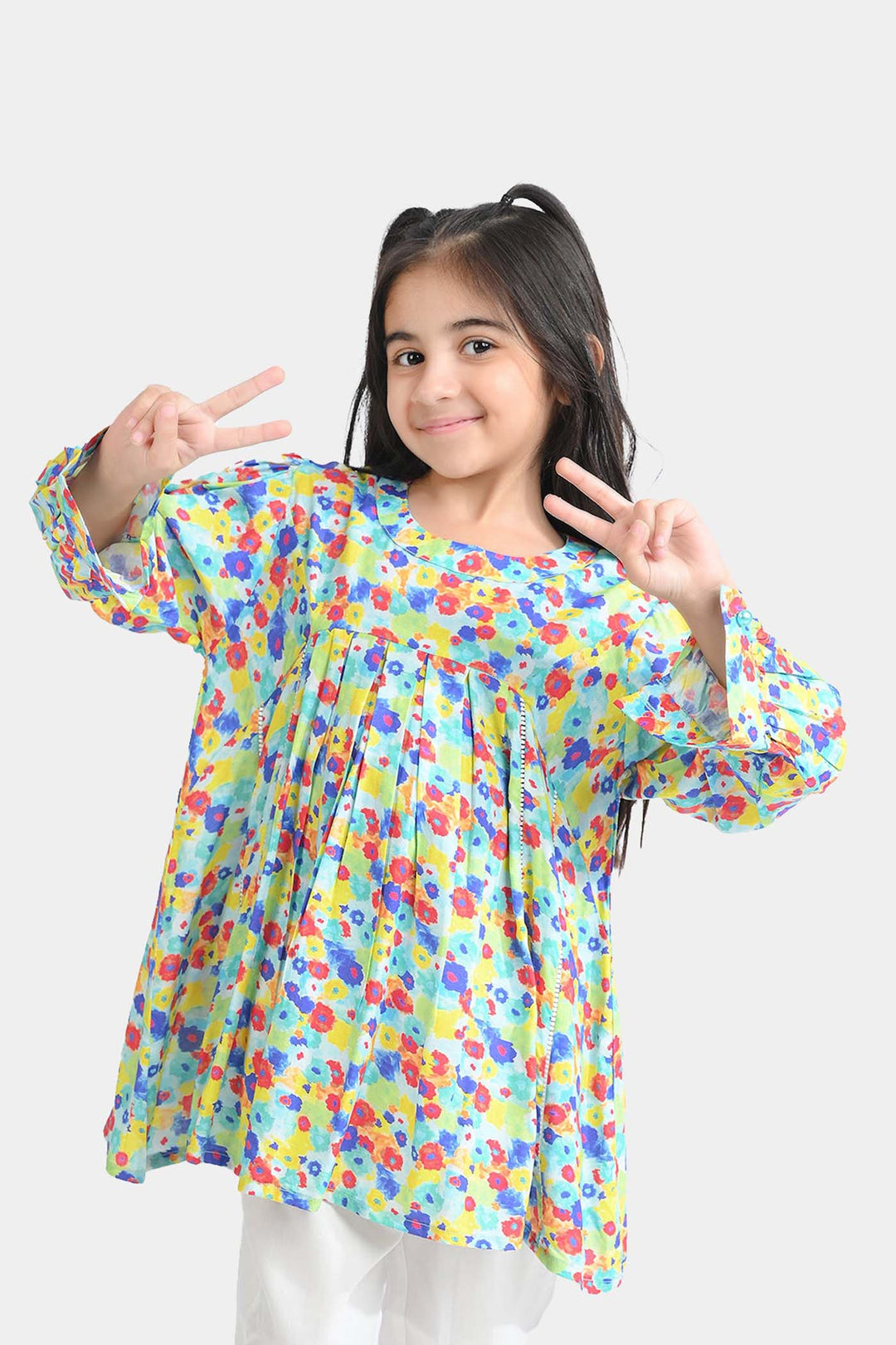 Girls Cotton Viscose Casual Top Color Full Pleated-Multi