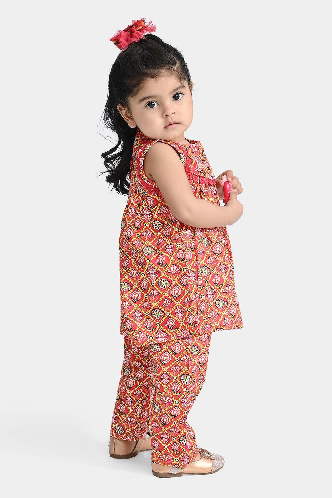 Infant Girls Cotton Poplin Printed 2 Pcs Surkh Phool-Multi