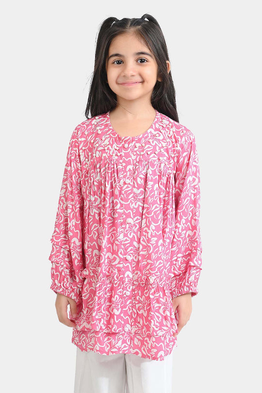 Girls Cotton Viscose Casual Top Pink Gathers-Multi