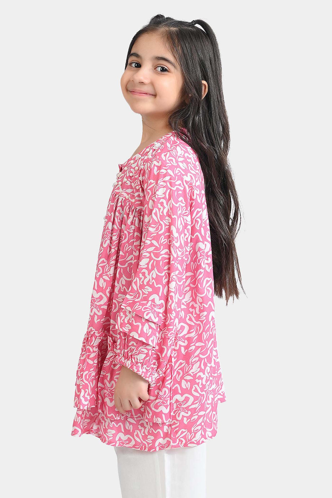 Girls Cotton Viscose Casual Top Pink Gathers-Multi