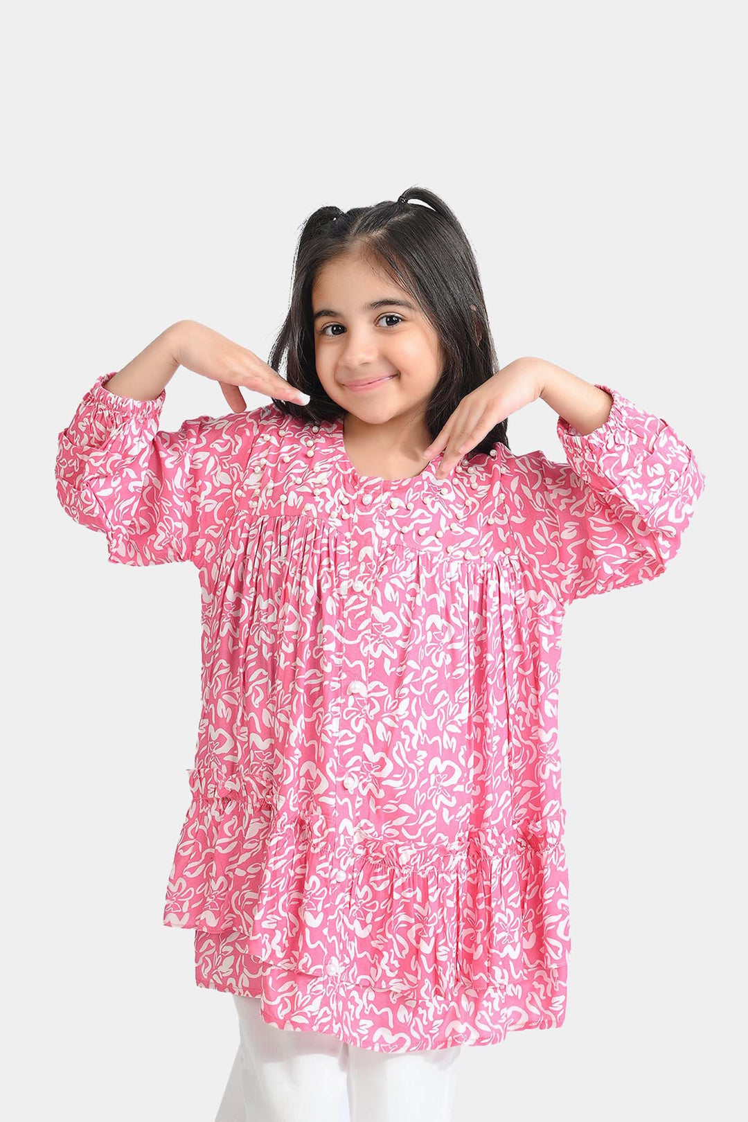 Girls Cotton Viscose Casual Top Pink Gathers-Multi