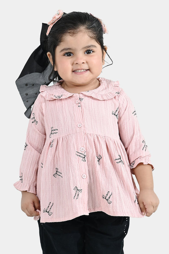 Infant Girls Cotton Casual Top (Bow) - Light Pink