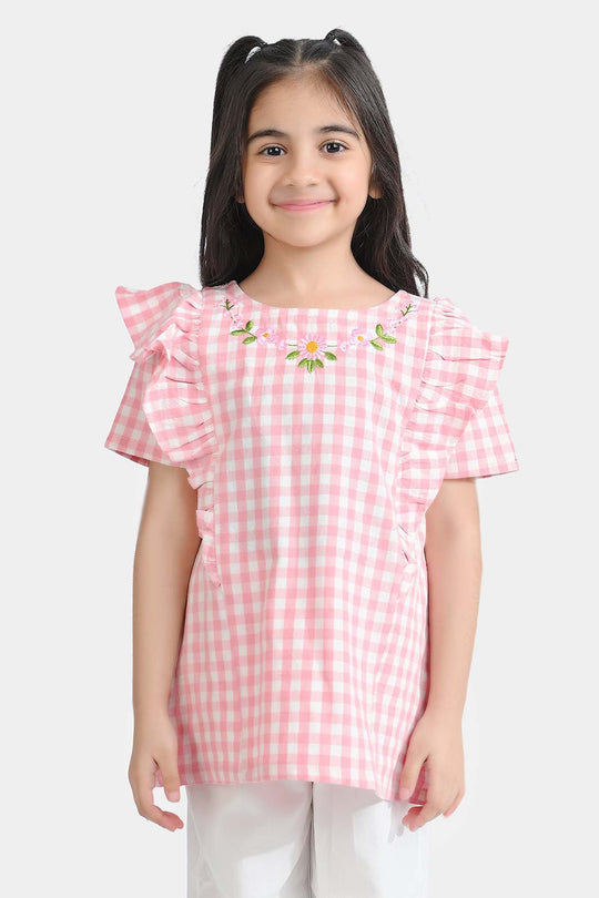 Girls Cotton Emb Top Pink Check