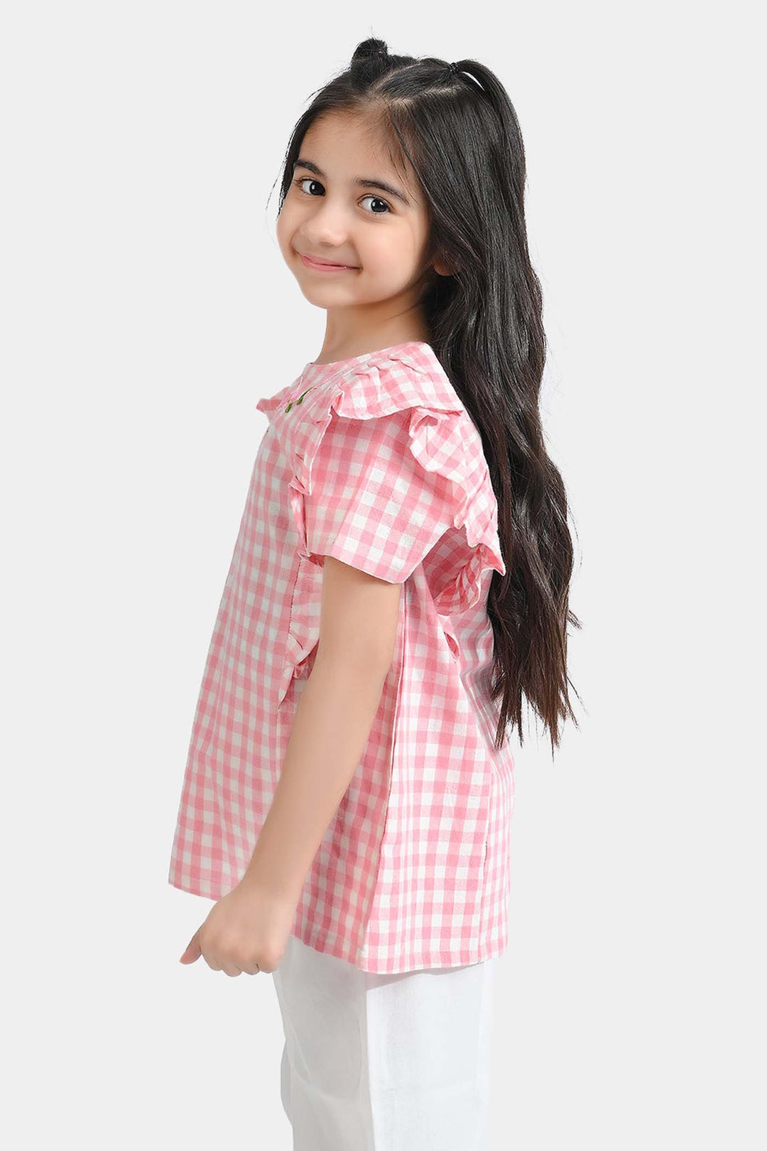 Girls Cotton Emb Top Pink Check