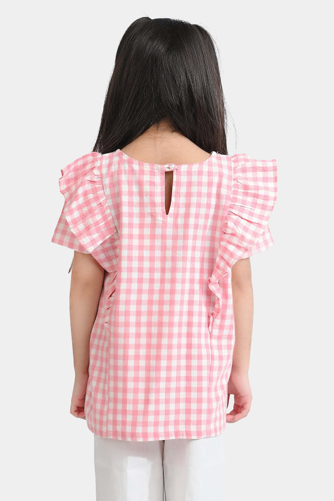Girls Cotton Emb Top Pink Check