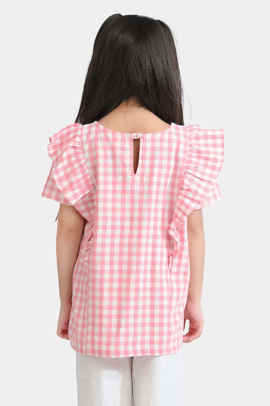 Girls Cotton Emb Top Pink Check