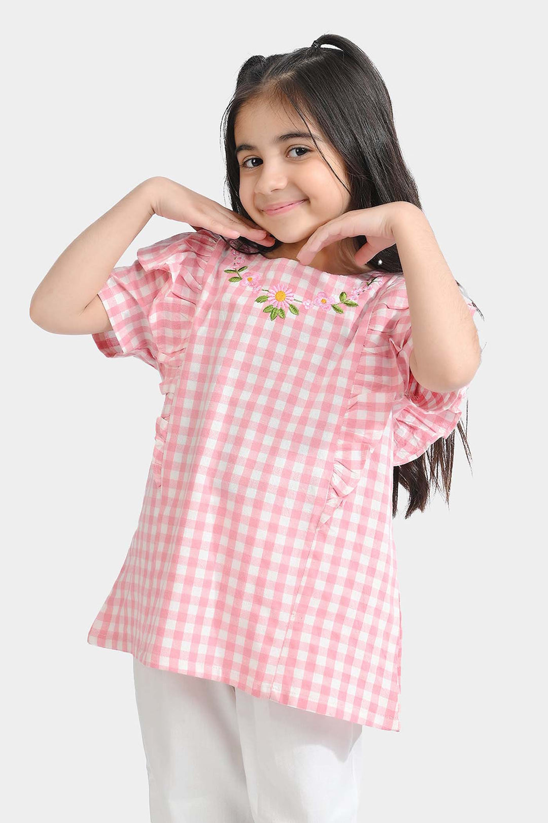 Girls Cotton Emb Top Pink Check