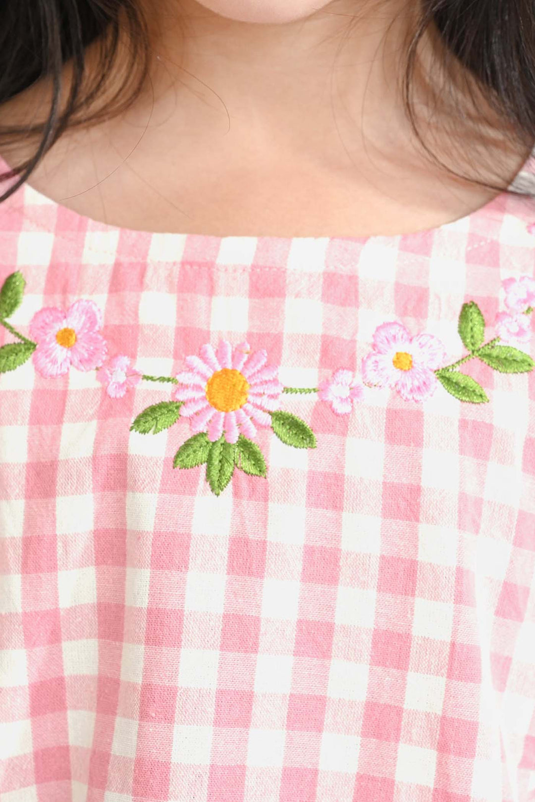 Girls Cotton Emb Top Pink Check