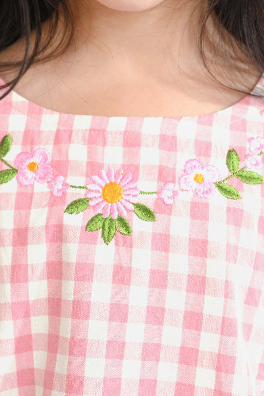 Girls Cotton Emb Top Pink Check