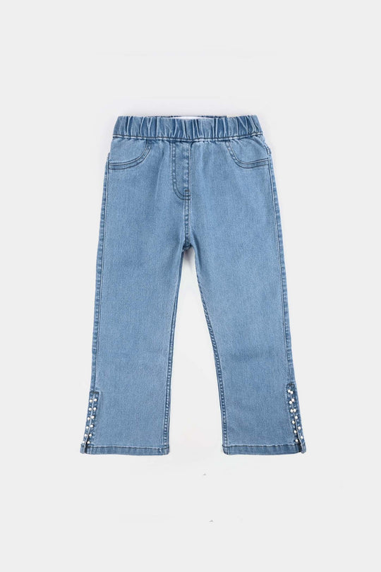 Girls Denim Stretch Jeggings Slit Hem-LIGHT BLUE