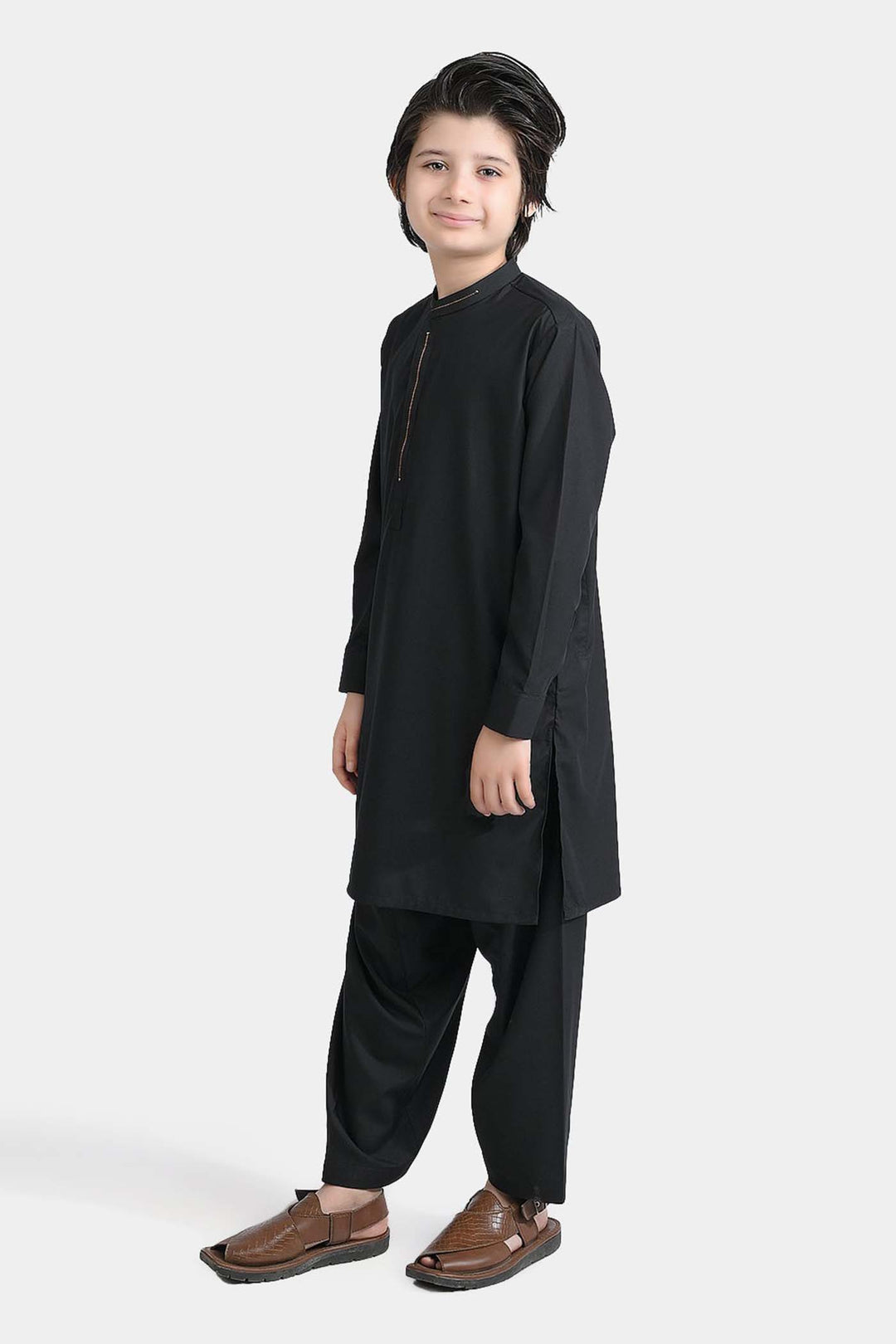 Boys Poly Viscose Kurta Shalwar Suit (Blended)-BLACK