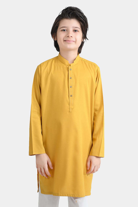 Boys Poly Viscose Embroidered Kurta (Cut Collar)-Mustard