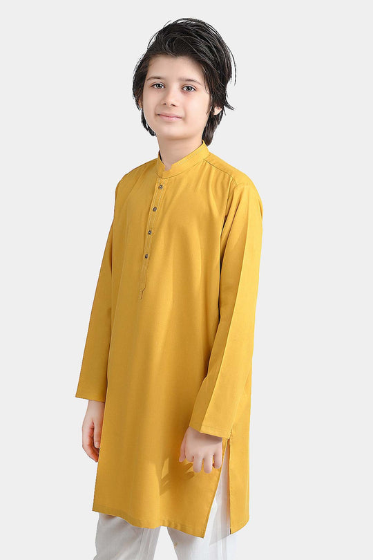 Boys Poly Viscose Embroidered Kurta (Cut Collar)-Mustard