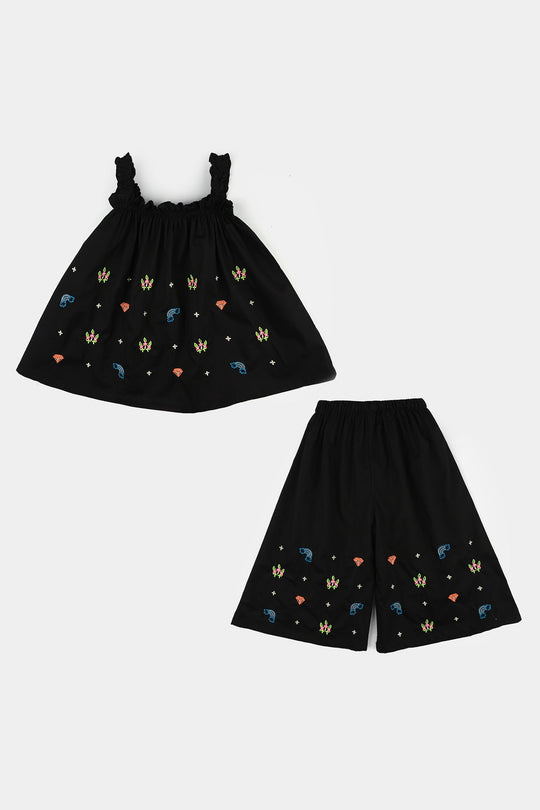 Infant Girls Cotton Embroidered 2-Piece Set (Juuhar) - Black