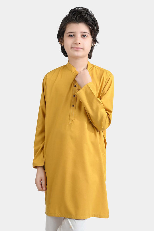 Boys Poly Viscose Embroidered Kurta (Cut Collar)-Mustard
