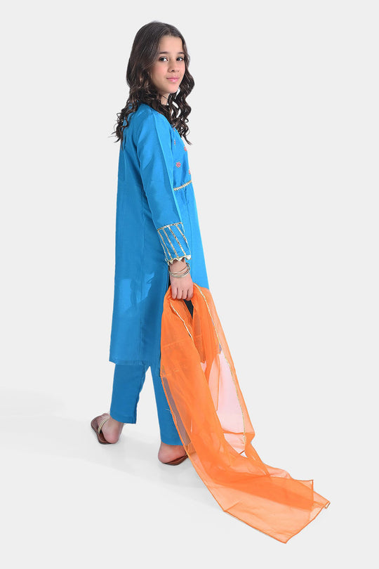 Girls Raw Silk 3PCs Suit Rang-o-Sehar-Blue