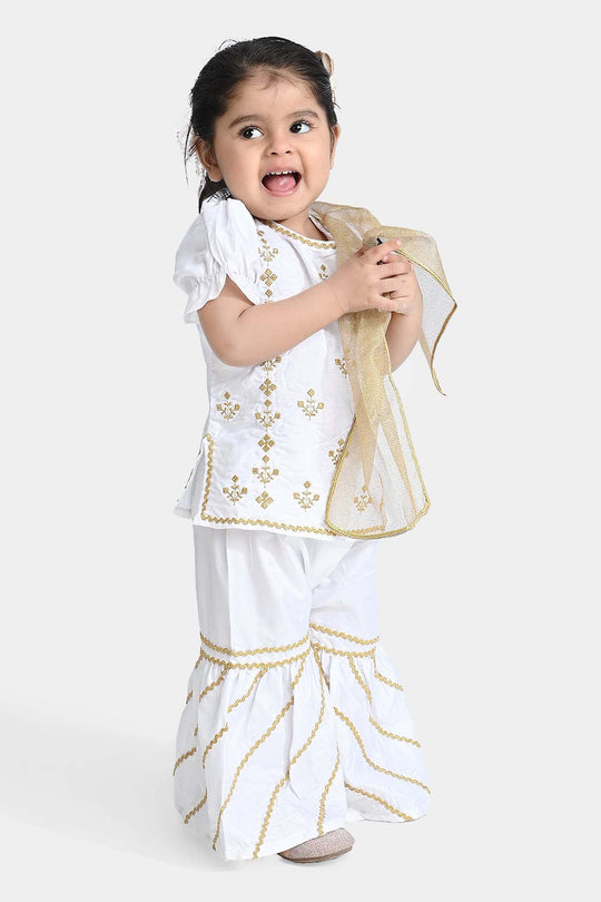Infant Girls Raw Silk Fancy 3Pcs Shine-White