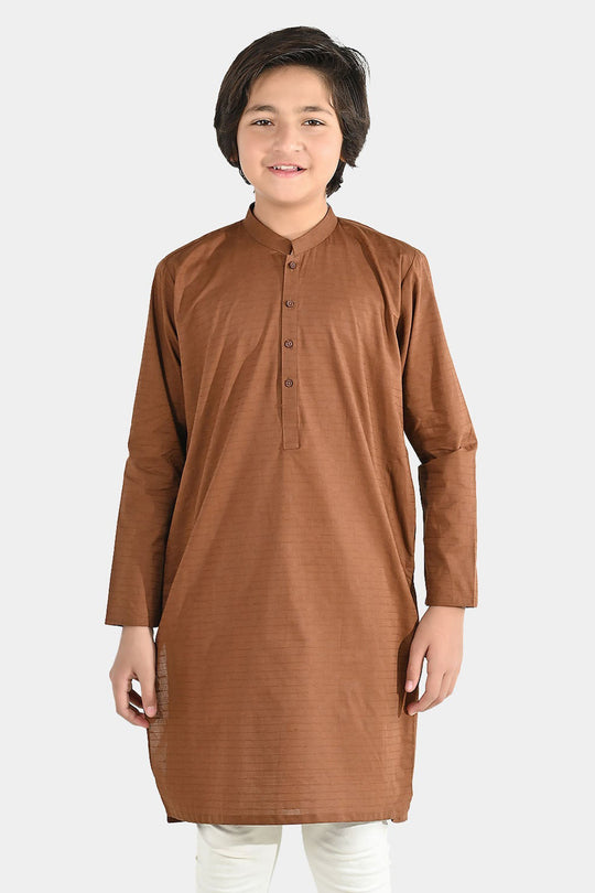 Boys Cotton Jacquard Basic Kurta - Cambridge Brown