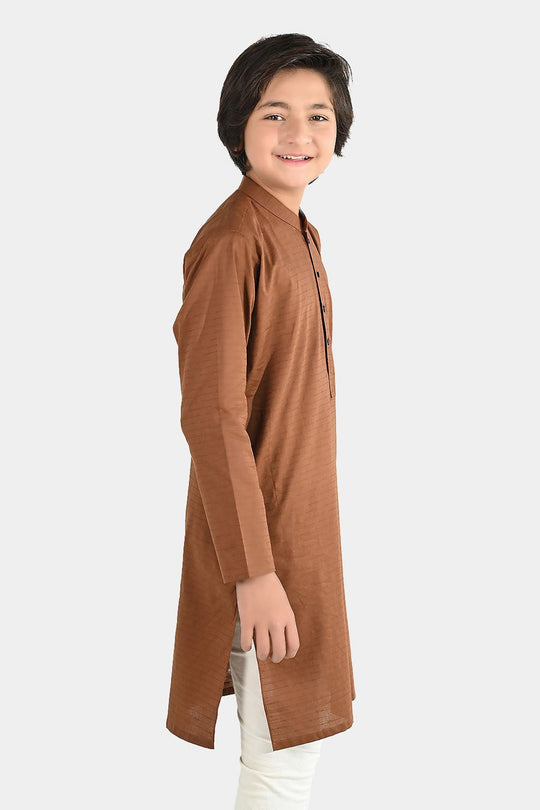 Boys Cotton Jacquard Basic Kurta - Cambridge Brown