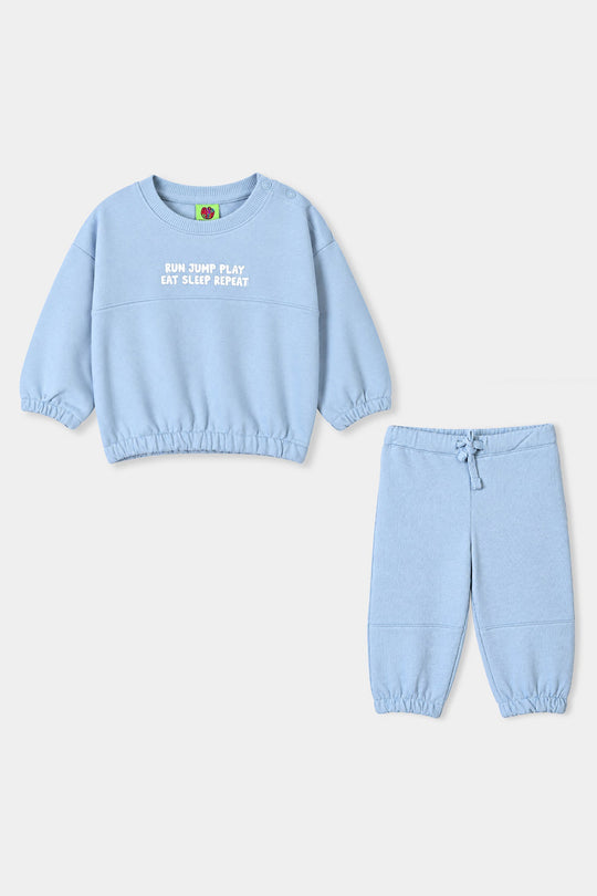 Infant Boys Cotton Terry 2 Piece Suit Sleep Repeat-Blue.Fog