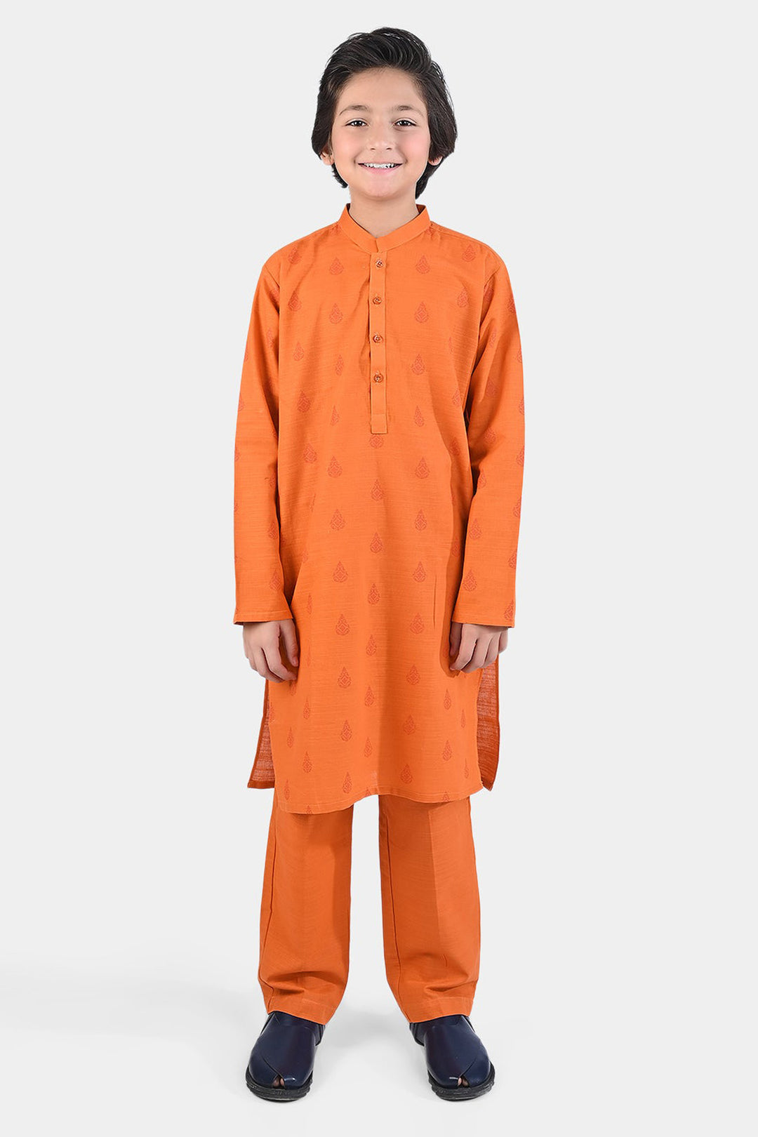Boys Cotton Slub Shalwar Suit (DAMASK)-B.Orange