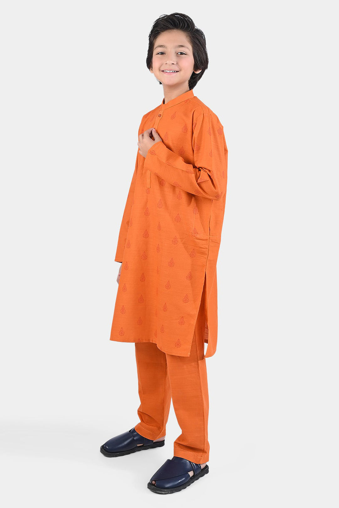 Boys Cotton Slub Shalwar Suit (DAMASK)-B.Orange
