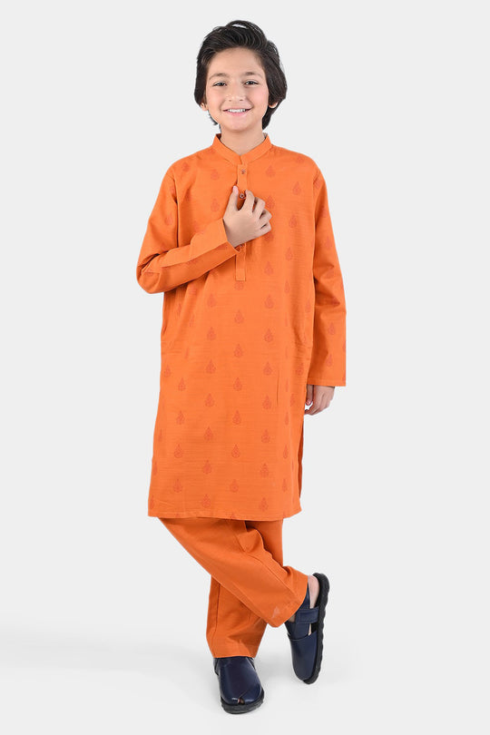 Boys Cotton Slub Shalwar Suit (DAMASK)-B.Orange