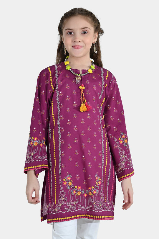 Girls Cotton Poplin Printed Kurti - Purple/Plum