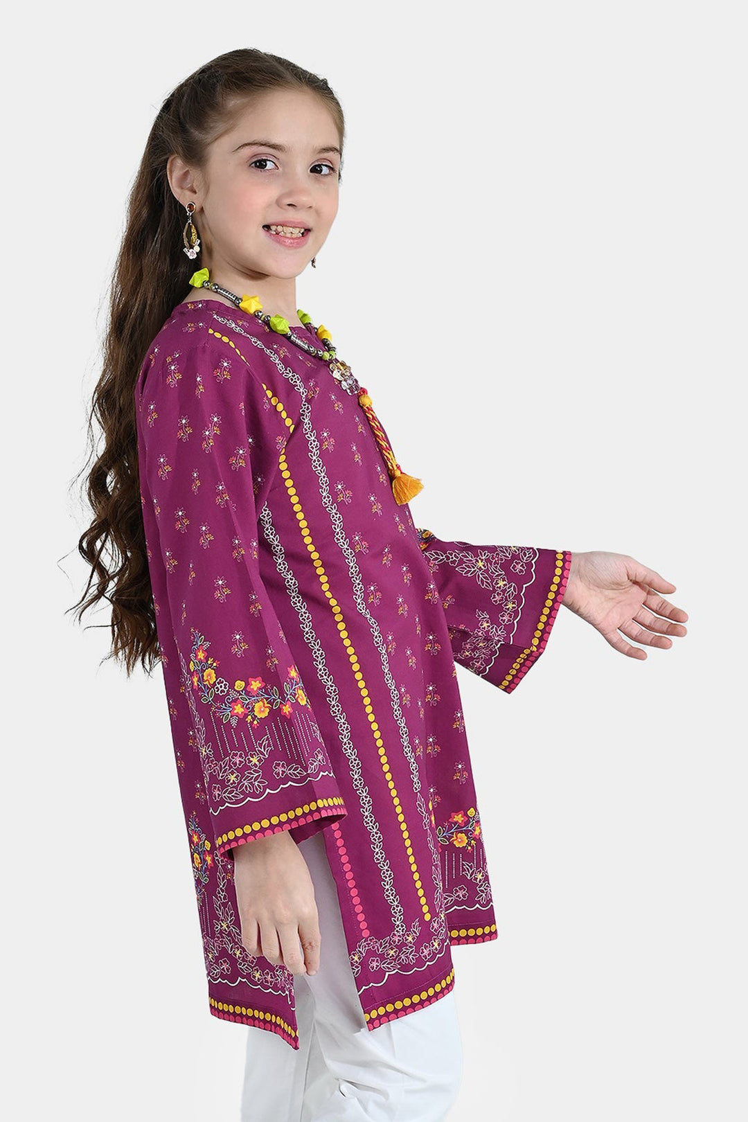 Girls Cotton Poplin Printed Kurti - Purple/Plum