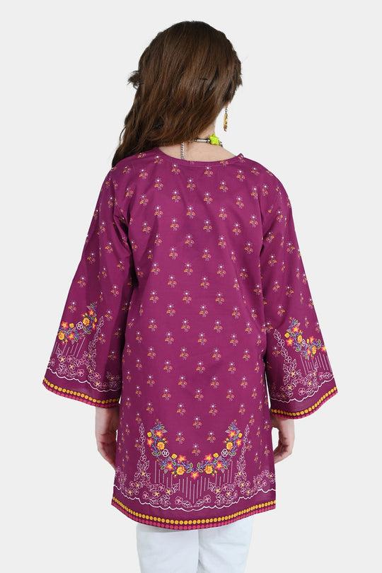 Girls Cotton Poplin Printed Kurti - Purple/Plum