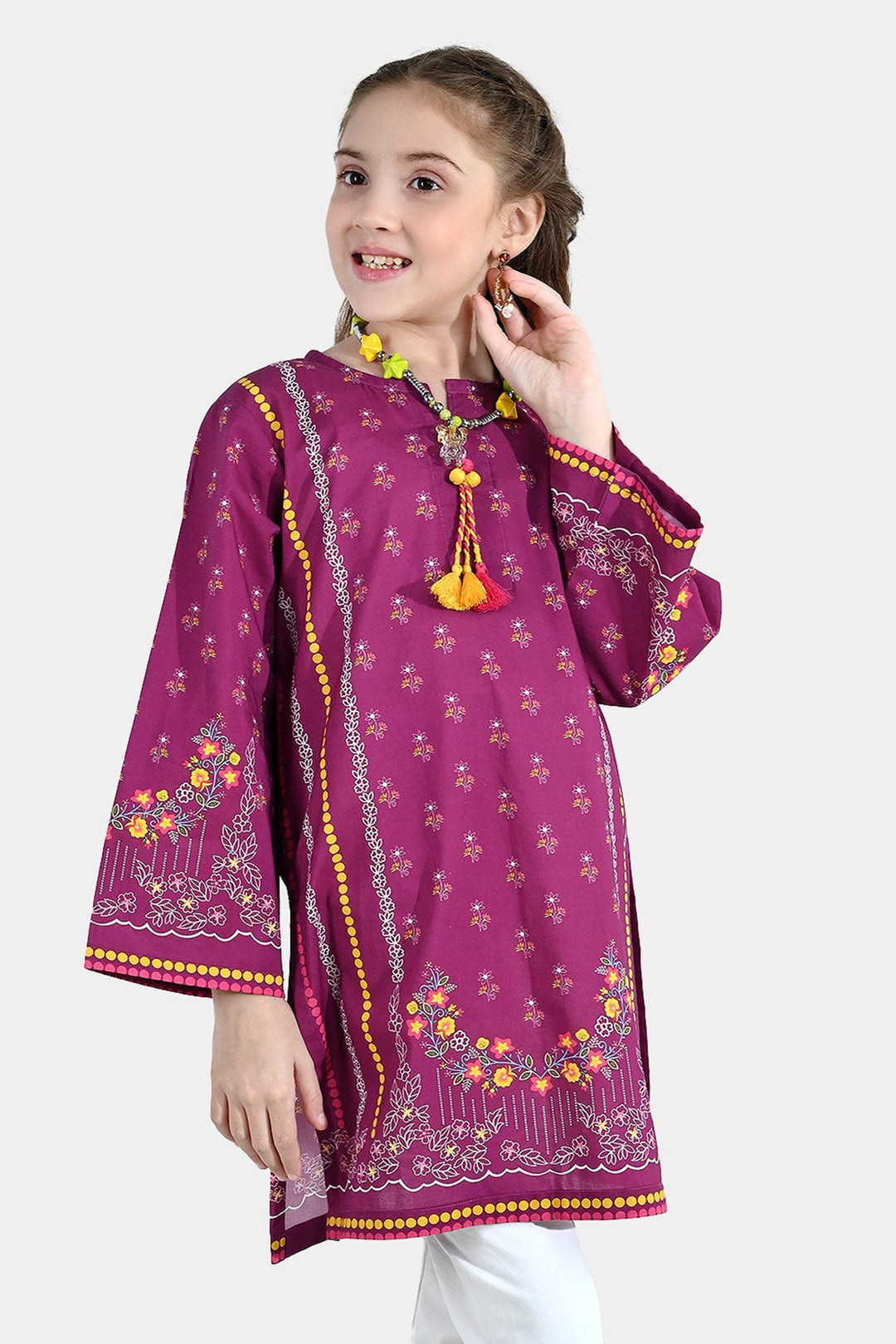 Girls Cotton Poplin Printed Kurti - Purple/Plum