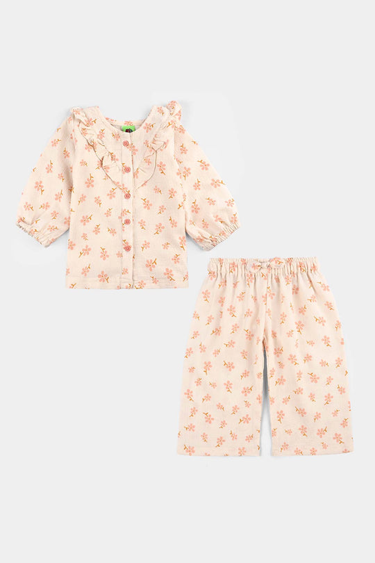 Infant Girls Chiffon 2 Pc Suit-Textured Flora-OFF-White