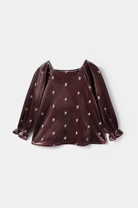 Girls Velvet Emb Top Winter Garden - Purple