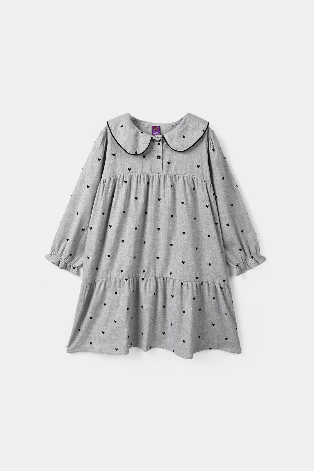 Girls Poly Viscose Casual Frock Black Hearts - GREY