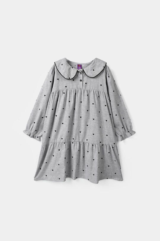 Girls Poly Viscose Casual Frock Black Hearts - GREY