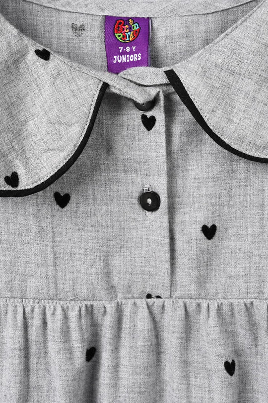 Girls Poly Viscose Casual Frock Black Hearts - GREY