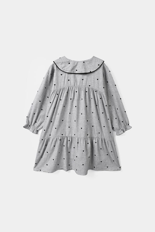 Girls Poly Viscose Casual Frock Black Hearts - GREY
