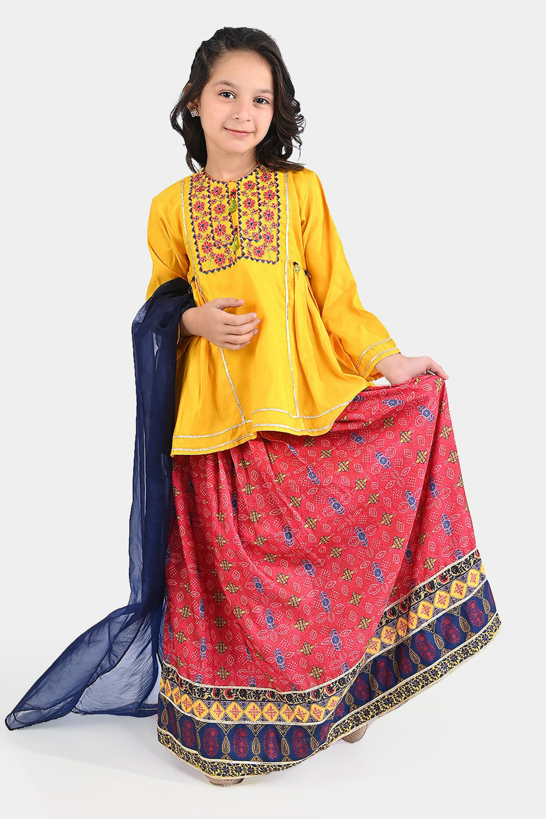 Girls Raw Silk 3PCs Suit Chunri-Yellow