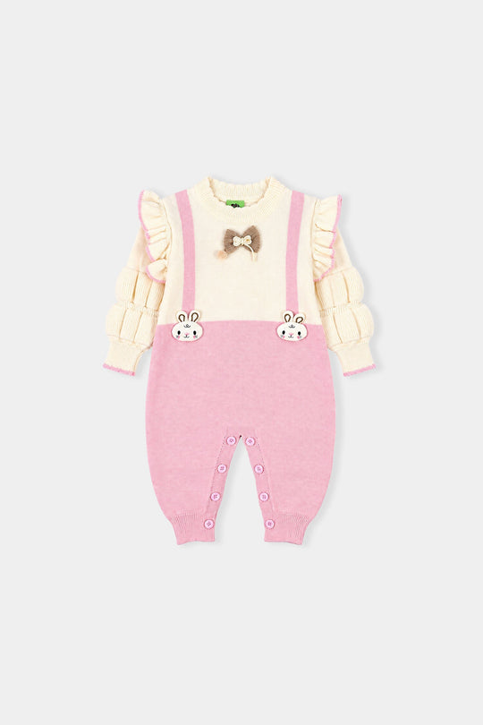 Infant Girls Acrylic Romper-Bunny Bow-Pink