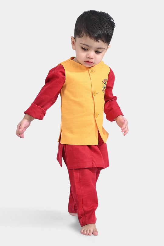 Infant Boys Cotton Slub 3 Piece Suit -Reddish