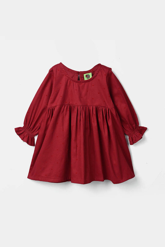 Infant Girls Poly Twill Casual Frock Ruffle-RED