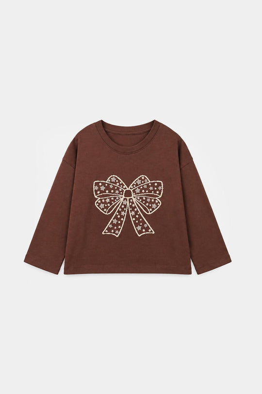 Girls Cotton Jersey T-Shirt Full Sleeves Bow - Deep Mehendi