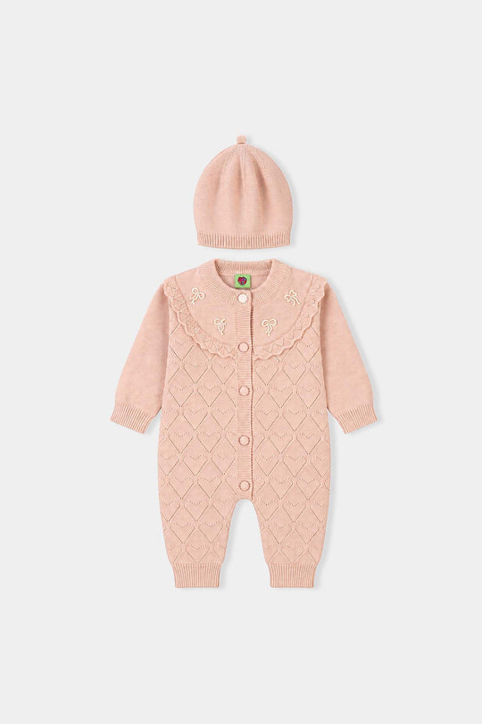 Infant Girls Acrylic Romper-Diamond Knit-BEIGE