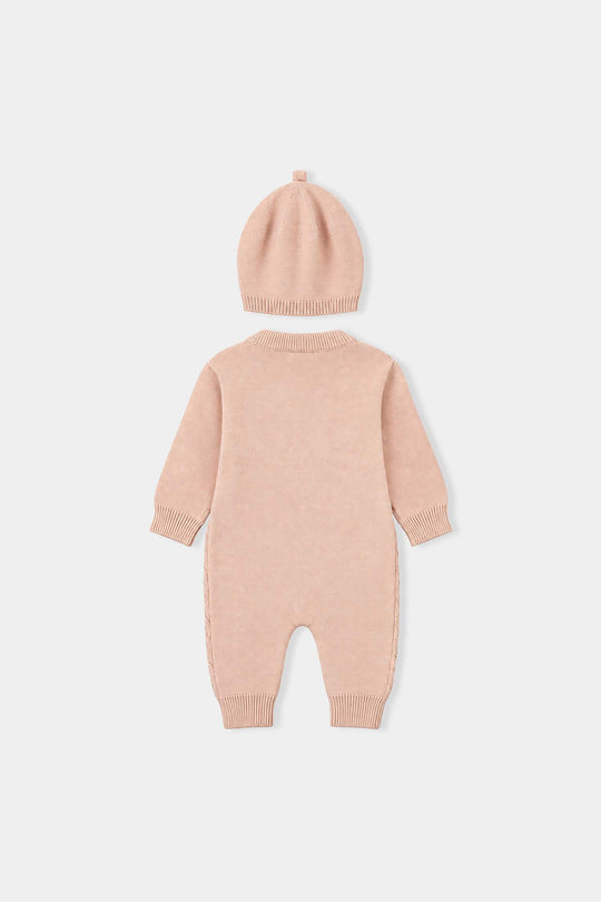 Infant Girls Acrylic Romper-Diamond Knit-BEIGE