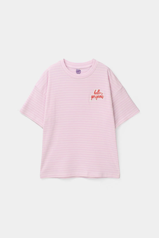 Girls Yarn Dyed T-Shirt (HELLO GORGEOUS) - Pink